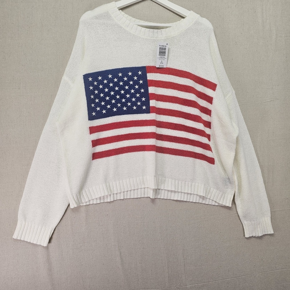 torrid Cream American Flag Crew Neck Sweater with Red & Navy